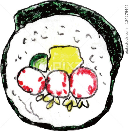 Hand-drawn sushi rolls drawn with colored pencils 124279445