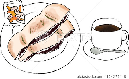Hot sandwich and hot coffee illustration set 124279448