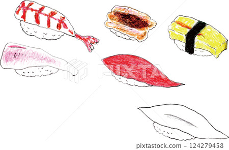 Delicious sushi illustration drawn with colored pencils 124279458