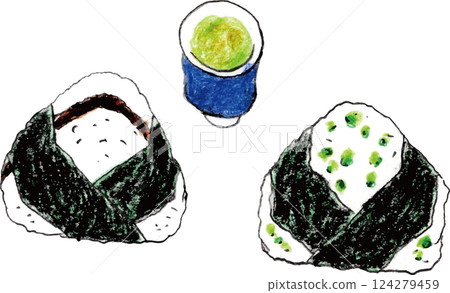 Rice balls and green tea drawn with colored pencils 124279459