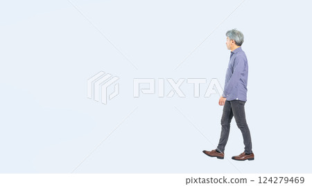 Full body photo of a senior man walking sideways Full body photo of a senior man walking sideways 124279469