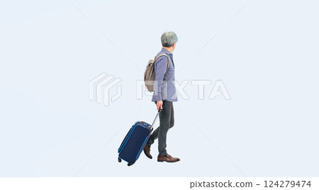 Full body photo of a senior man walking with a suitcase 124279474