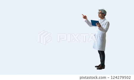 Full-body photo of a senior male doctor, scientist, or researcher inspecting something 124279502