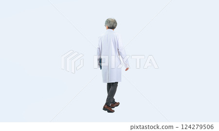 Full-body photo of a walking senior male doctor, scientist, or researcher from behind Full-body photo of a walking senior male doctor, scientist, or researcher from behind 124279506