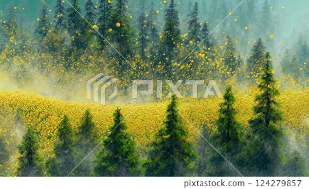 An oil painting style illustration of pollen scattering into the air from a forest of cedars and cypresses. Hay fever An oil painting style illustration of pollen scattering into the air from a forest of cedars and cypresses. Hay fever 124279857
