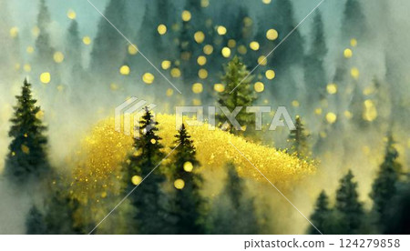 An oil painting style illustration of pollen scattering into the air from a forest of cedars and cypresses. Hay fever 124279858