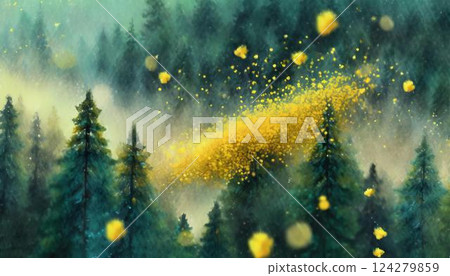 An oil painting style illustration of pollen scattering into the air from a forest of cedars and cypresses. Hay fever 124279859