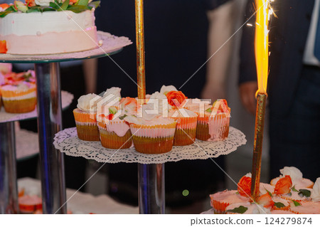 Beautifully decorated wedding cakes on a special Beautifully decorated wedding cakes on a special 124279874