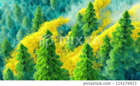 An oil painting style illustration of pollen scattering into the air from a forest of cedars and cypresses. Hay fever An oil painting style illustration of pollen scattering into the air from a forest of cedars and cypresses. Hay fever 124279913