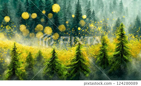 An oil painting style illustration of pollen scattering into the air from a forest of cedars and cypresses. Hay fever 124280089