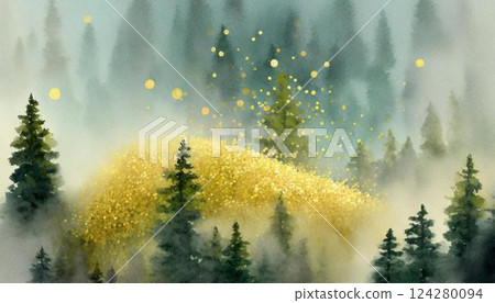 An oil painting style illustration of pollen scattering into the air from a forest of cedars and cypresses. Hay fever 124280094