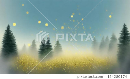 一幅油畫風格的插圖，描繪了雪松和柏樹森林中花粉散佈到空氣中的情況。 124280174