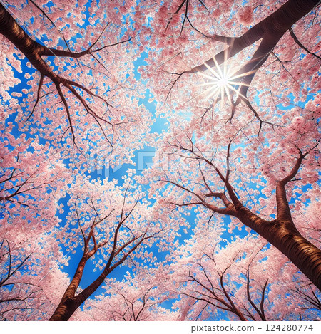 A ceiling of cherry blossoms spreading out against the blue sky 124280774