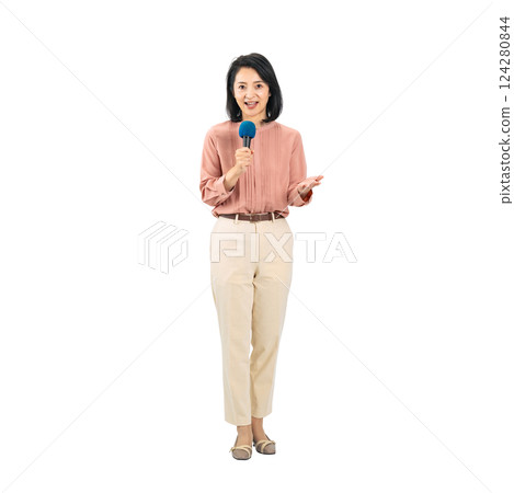 Middle-aged woman speaking into a microphone. Full-body photo PNG with transparent background precisely cut out by hand. Middle-aged woman speaking into a microphone. Full-body photo PNG with transparent background precisely cut out by hand. 124280844
