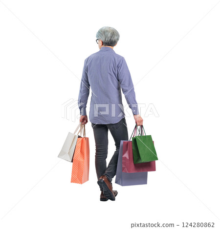 The back view of a senior man walking with a shopping bag. A transparent full-body photo PNG precisely cut by hand 124280862
