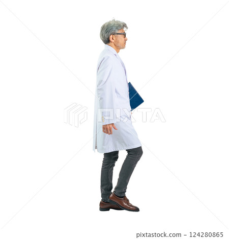 Senior male doctor, scientist, researcher walking sideways. Full-body photo PNG with transparent background precisely cut by hand. 124280865