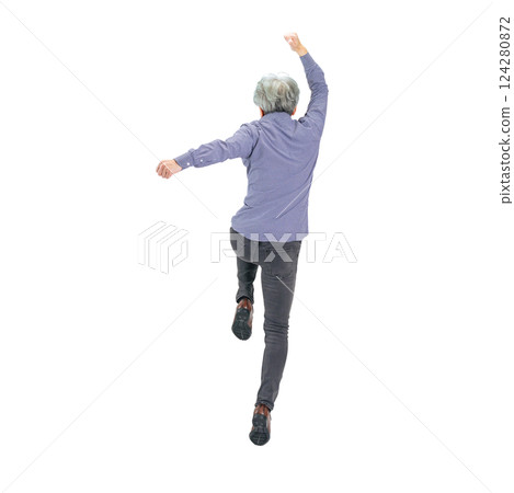 The back view of a senior man jumping energetically. A transparent full-body photo PNG precisely cut by hand 124280872
