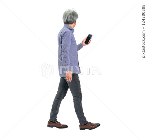 Senior man walking with a smartphone. Full-body photo PNG with transparent background precisely cut by hand 124280888