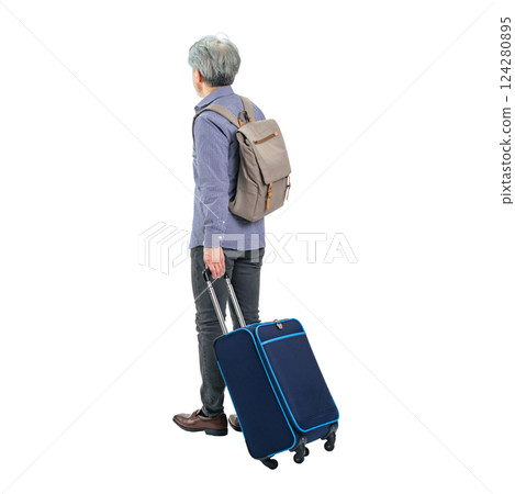 The back view of a senior man walking with a carry bag. A transparent full-body photo PNG precisely cut by hand 124280895