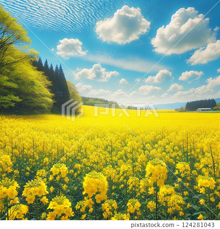 A field of rapeseed flowers - a yellow carpet spreading across the spring sky A field of rapeseed flowers - a yellow carpet spreading across the spring sky 124281043