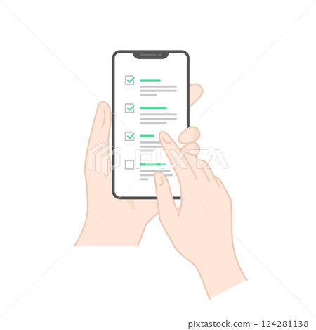 Vector icon of tapping a checklist on a smartphone held in hand (line drawing / flat) Vector icon of tapping a checklist on a smartphone held in hand (line drawing / flat) 124281138
