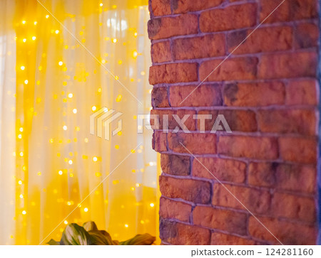 A stone wall in the foreground and LED lighting in A stone wall in the foreground and LED lighting in 124281160