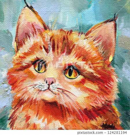 fluffy ginger cat with big yellow eyes, adorable kitten portrait, pet acrylic painting, feline artwork for wall decor 124281194