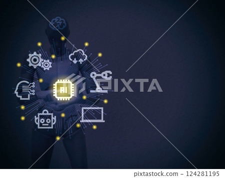 Blurred Blue Robot Cyborg Man with Hand Touching on Motion Hi Tech Circle Interface HUD Blurred Blue Robot Cyborg Man with Hand Touching on Motion Hi Tech Circle Interface HUD 124281195