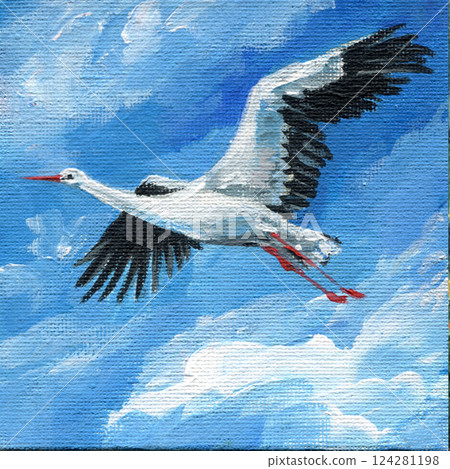 white stork flying in blue sky with clouds, large bird in motion, wildlife acrylic painting, nature inspired artwork white stork flying in blue sky with clouds, large bird in motion, wildlife acrylic painting, nature inspired artwork 124281198