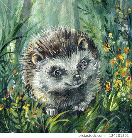 Hedgehog in green grass with wildflowers, woodland animal painting, nature acrylic artwork, fairy forest illustration Hedgehog in green grass with wildflowers, woodland animal painting, nature acrylic artwork, fairy forest illustration 124281201