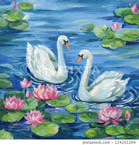 white swans on blue water with pink water lilies, romantic nature painting, wildlife lake birds, acrylic canvas art 124281204