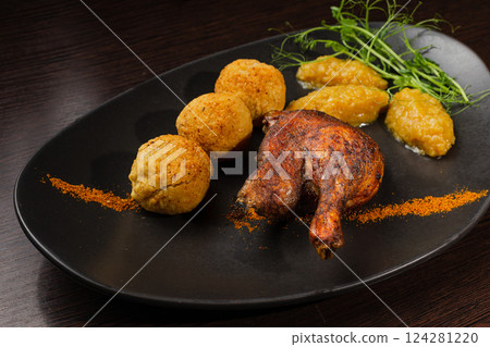Very healthy roast duck thigh with potatoes and 124281220