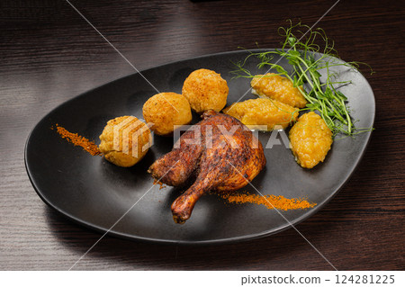 Very healthy roast duck thigh with potatoes and 124281225