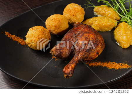 Very healthy roast duck thigh with potatoes and 124281232