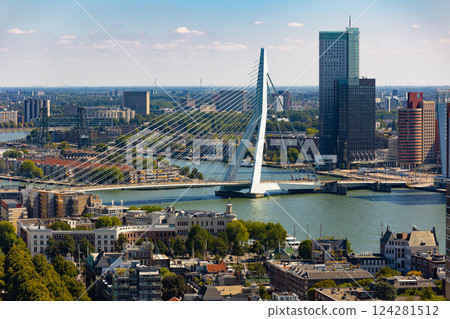 Aerial view of Erasmusbrug and Rotterdam skyline, famous landmark in Netherlands 124281512