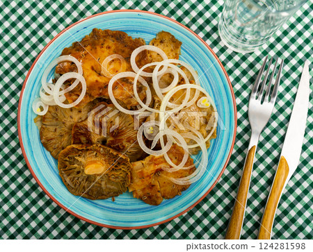 Salad bowl with pickled brittlegills and sliced white onions Salad bowl with pickled brittlegills and sliced white onions 124281598