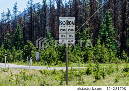 Alberta Highway 93 and 93A Road Sign. Jasper National Park, Alberta, Canada. Alberta Highway 93 and 93A Road Sign. Jasper National Park, Alberta, Canada. 124281708
