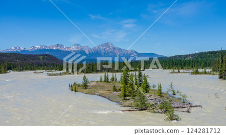 Jasper National Park Athabasca River summer landscape. Pyramid Mountain in the background. Alberta, Canada. Canadian Rockies. Jasper National Park Athabasca River summer landscape. Pyramid Mountain in the background. Alberta, Canada. Canadian Rockies. 124281712