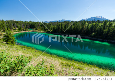 The Third Lake of Valley of the Five Lakes. Tranquil Turquoise Lake in Jasper National Park, Alberta, Canada. The Third Lake of Valley of the Five Lakes. Tranquil Turquoise Lake in Jasper National Park, Alberta, Canada. 124281724