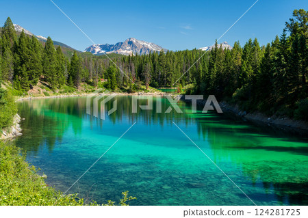 The Third Lake of Valley of the Five Lakes. Tranquil Turquoise Lake in Jasper National Park, Alberta, Canada. The Third Lake of Valley of the Five Lakes. Tranquil Turquoise Lake in Jasper National Park, Alberta, Canada. 124281725