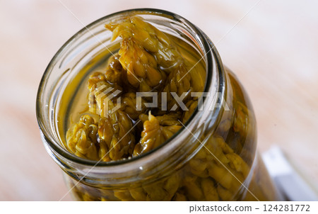 Canned green asparagus in open glass jar Canned green asparagus in open glass jar 124281772