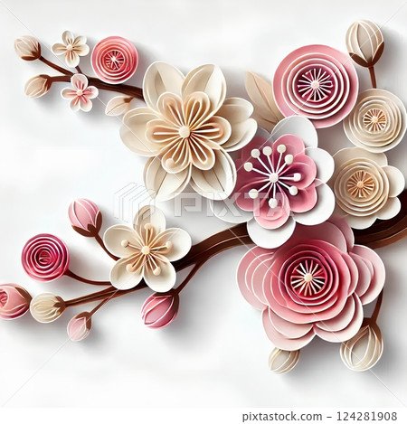 Cherry blossom paper art style illustration 124281908