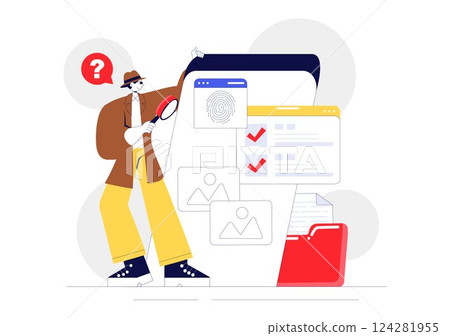 Private Investigator Illustration Featuring Detective Services with Magnifier, Binoculars, Photo Camera and Newspaper Articles for Crime Investigation 124281955