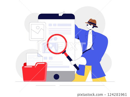 Private Investigator Illustration Featuring Detective Services with Magnifier, Binoculars, Photo Camera and Newspaper Articles for Crime Investigation 124281961