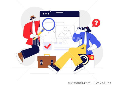 Private Investigator Illustration Featuring Detective Services with Magnifier, Binoculars, Photo Camera and Newspaper Articles for Crime Investigation 124281963