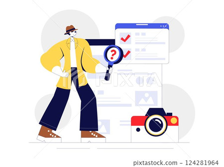 Private Investigator Illustration Featuring Detective Services with Magnifier, Binoculars, Photo Camera and Newspaper Articles for Crime Investigation 124281964