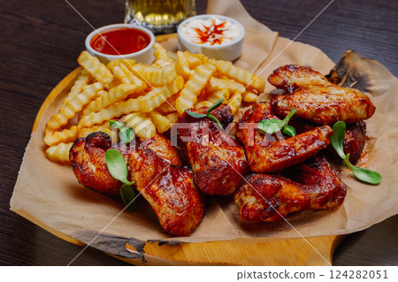 Appetizing fried wings with french fries sauce and 124282051