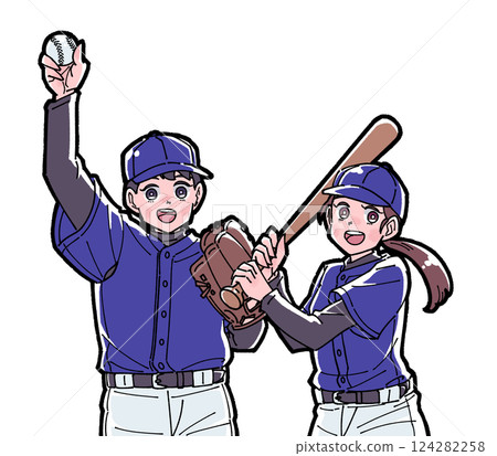 男孩和女孩打棒球的插圖 124282258