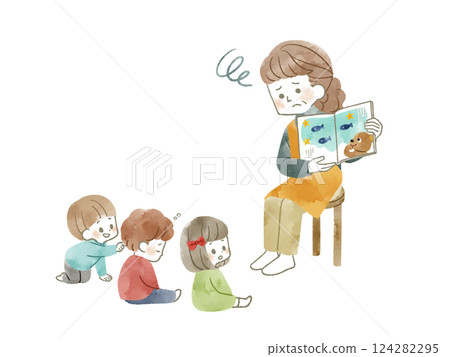 Children who lose focus while reading a picture book - watercolor 124282295