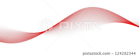 Red dotted wave line pattern. Halftone undulate net background. Abstract flowing particle lattice wallpaper. Vector curved dash gradient element for poser, banner, presentation, booklet, brochure 124282344